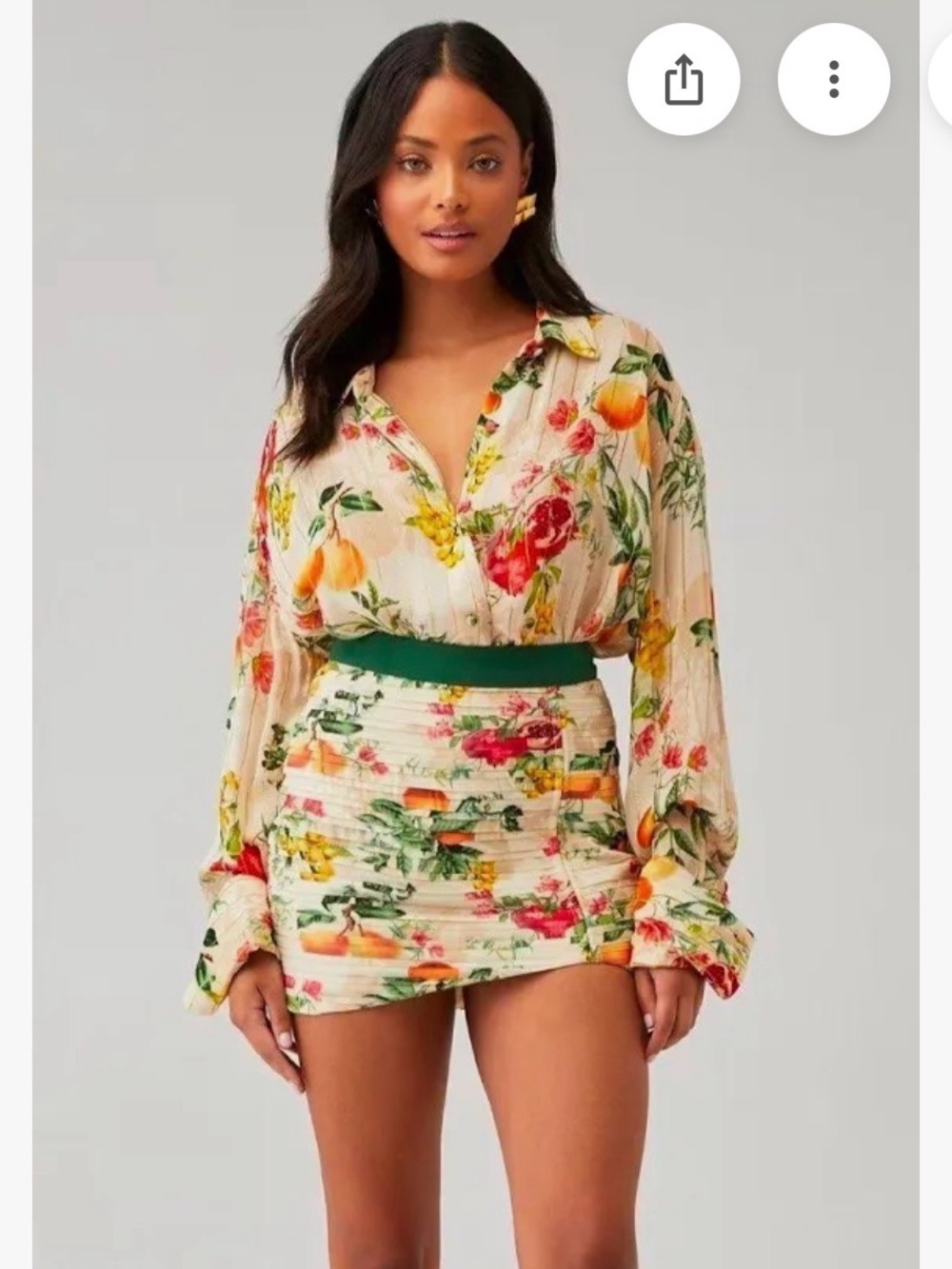 Cream Floral Long-Sleeve Shirt & Skirt Set with Green Waist